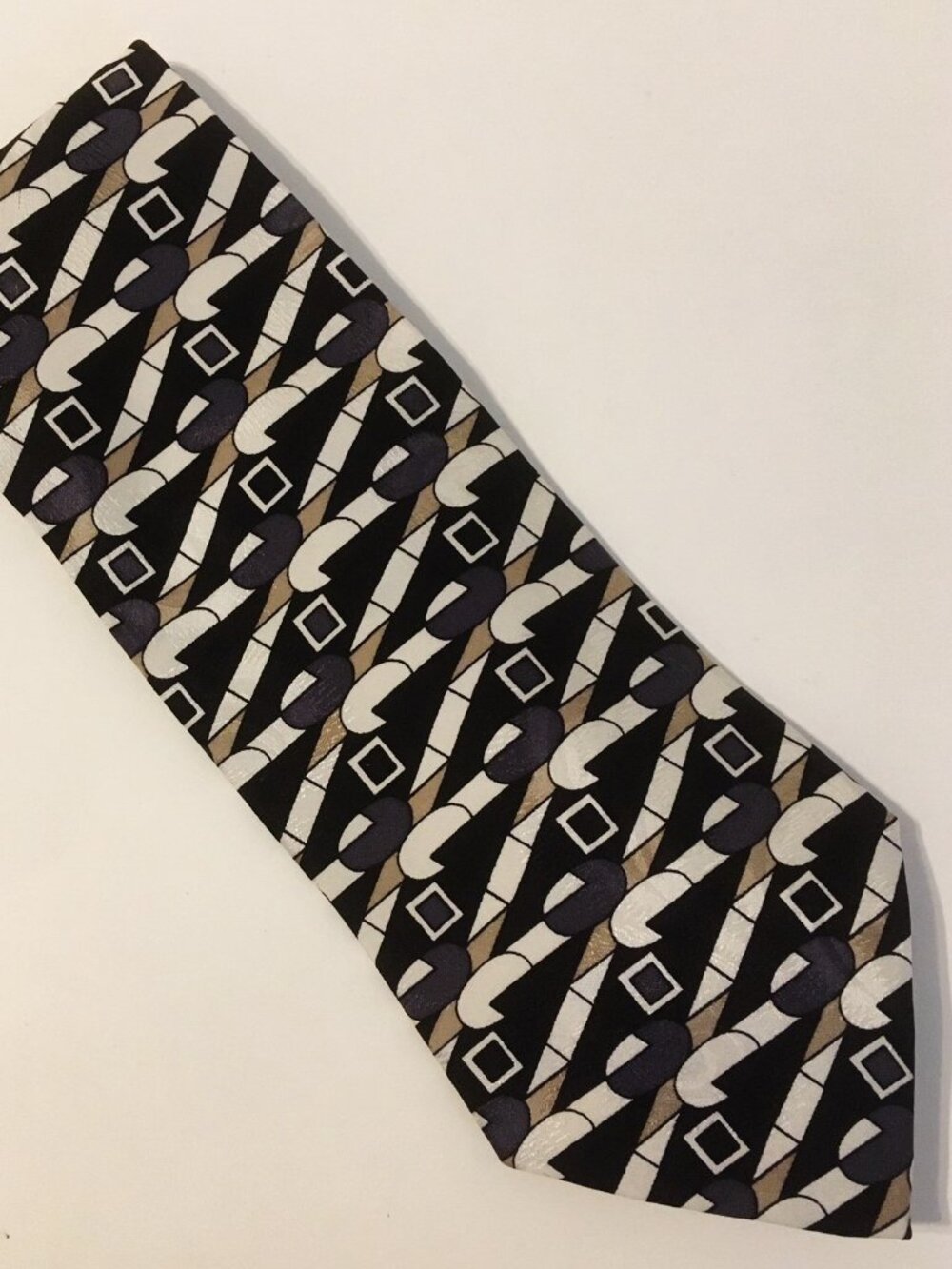 Martin Wong Neck Tie 100% Silk Black White Tan Steel Blue Geometric Modern
